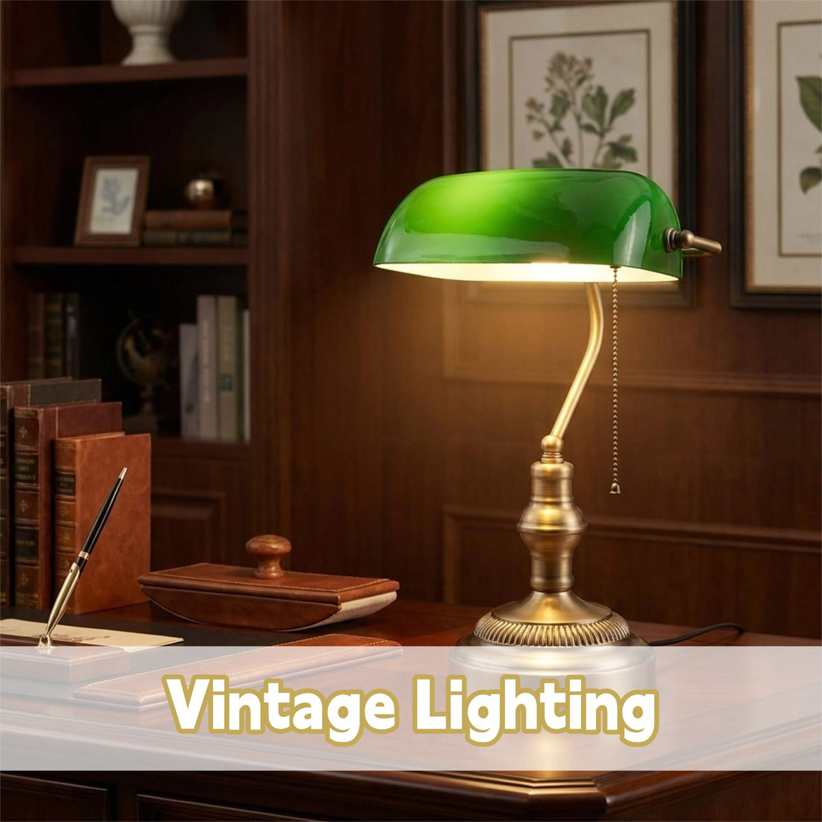 Green glass banker’s table lamp with antique bronze base and pull chain