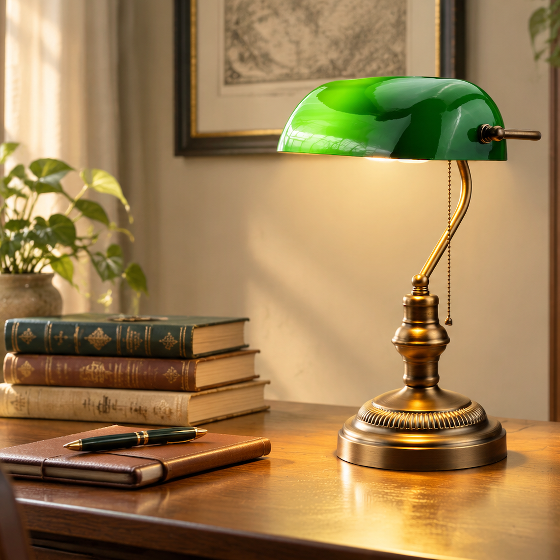 E27 Green Banker's Desk Lamp with Pull Chain