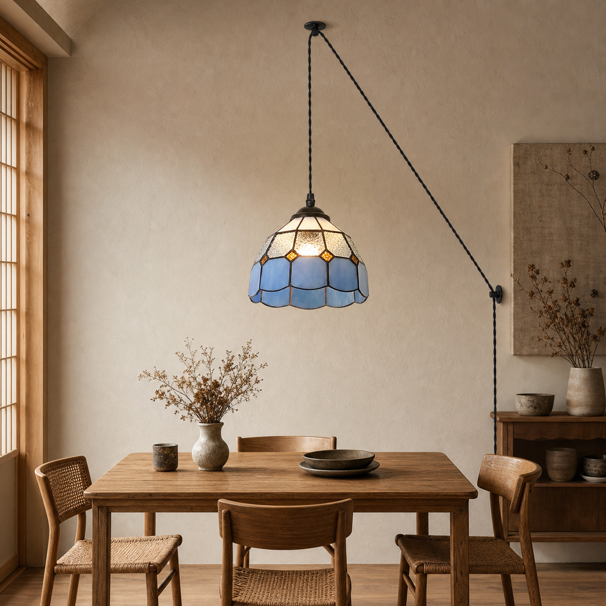 Yellow Glass Hanging Light with Vintage Tiffany Shade for Bedroom