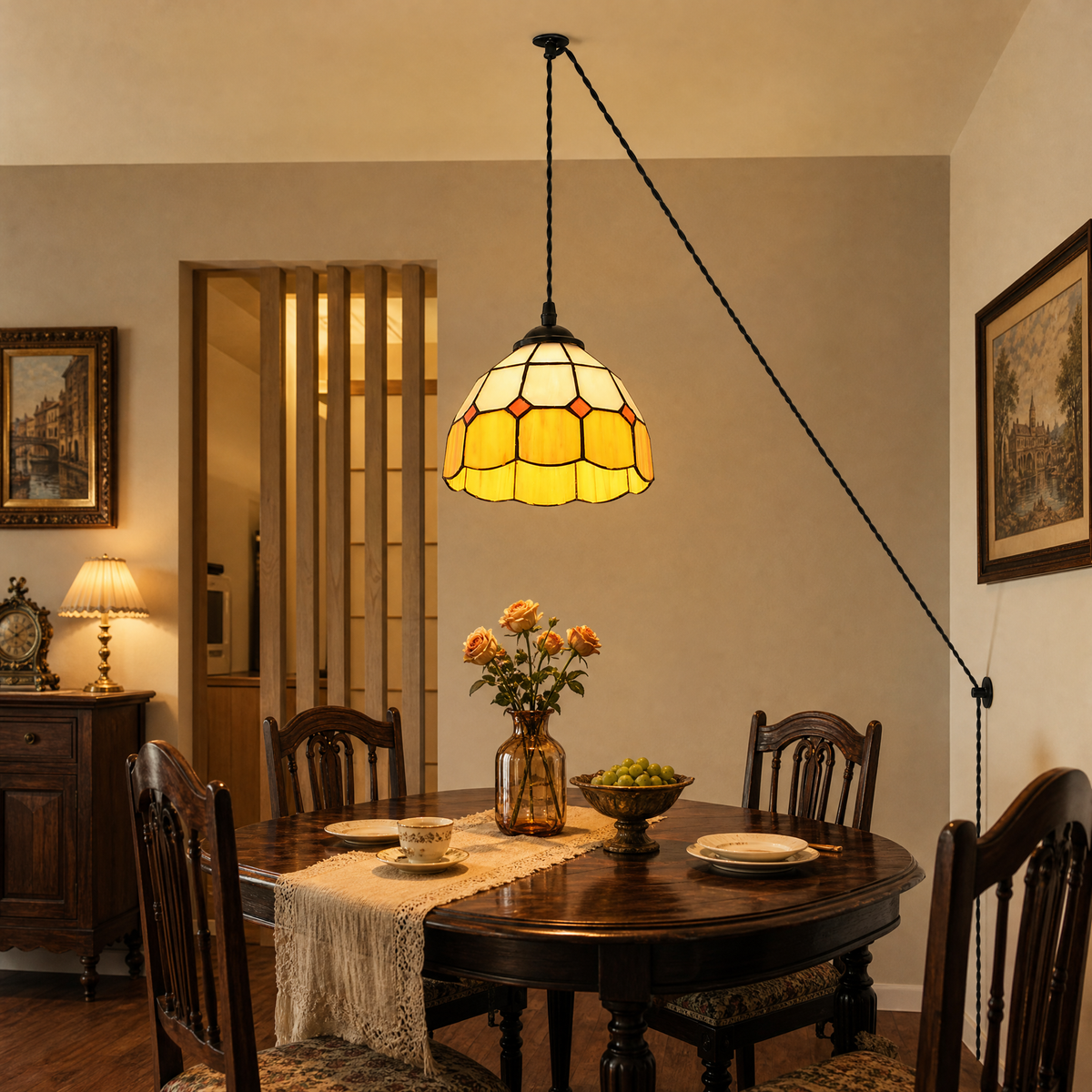 Yellow Glass Hanging Light with Vintage Tiffany Shade for Bedroom