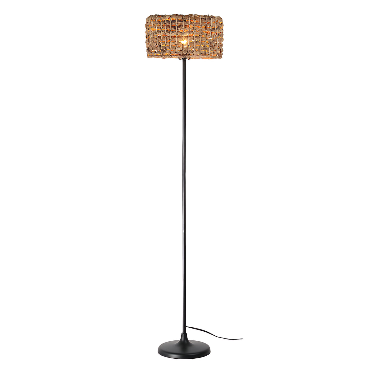 Black Floor Lamp with Woven Rattan Drum Shade