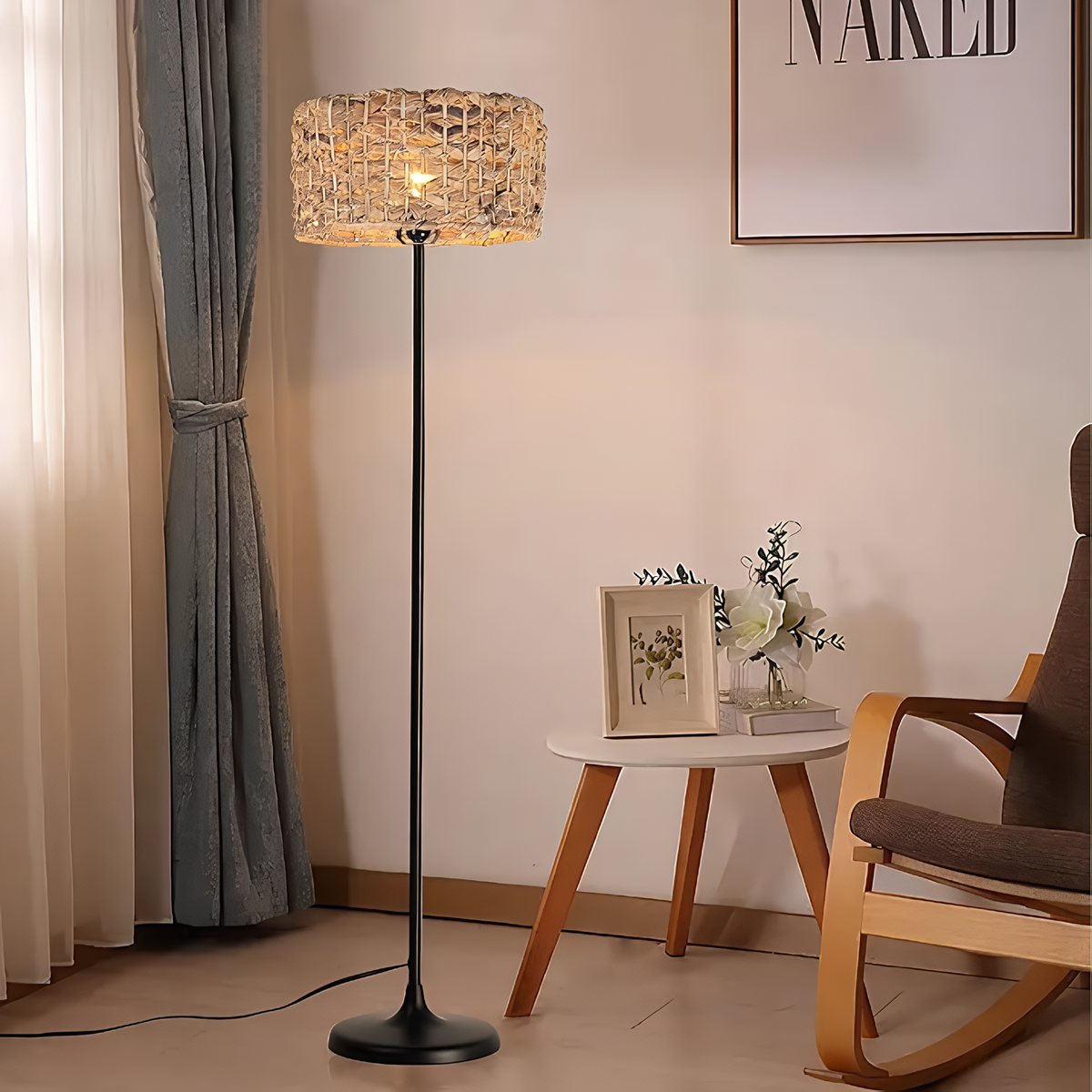 Black Floor Lamp with Bamboo Shade for Living Room