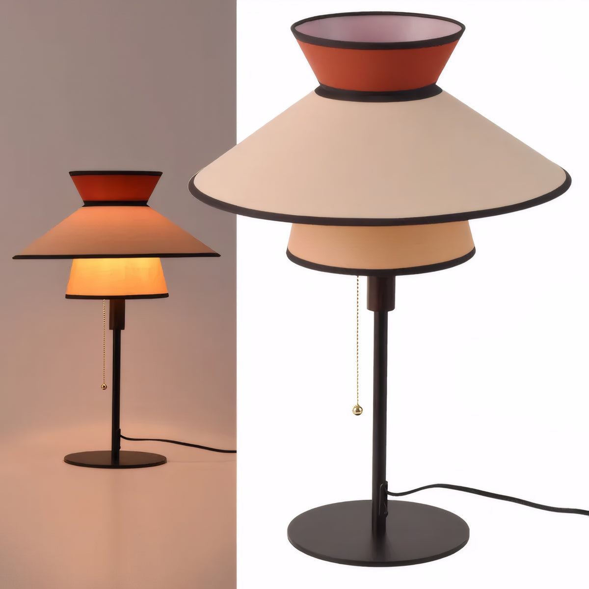 Mid-century layered shade table lamp with walnut accent and pull chain
