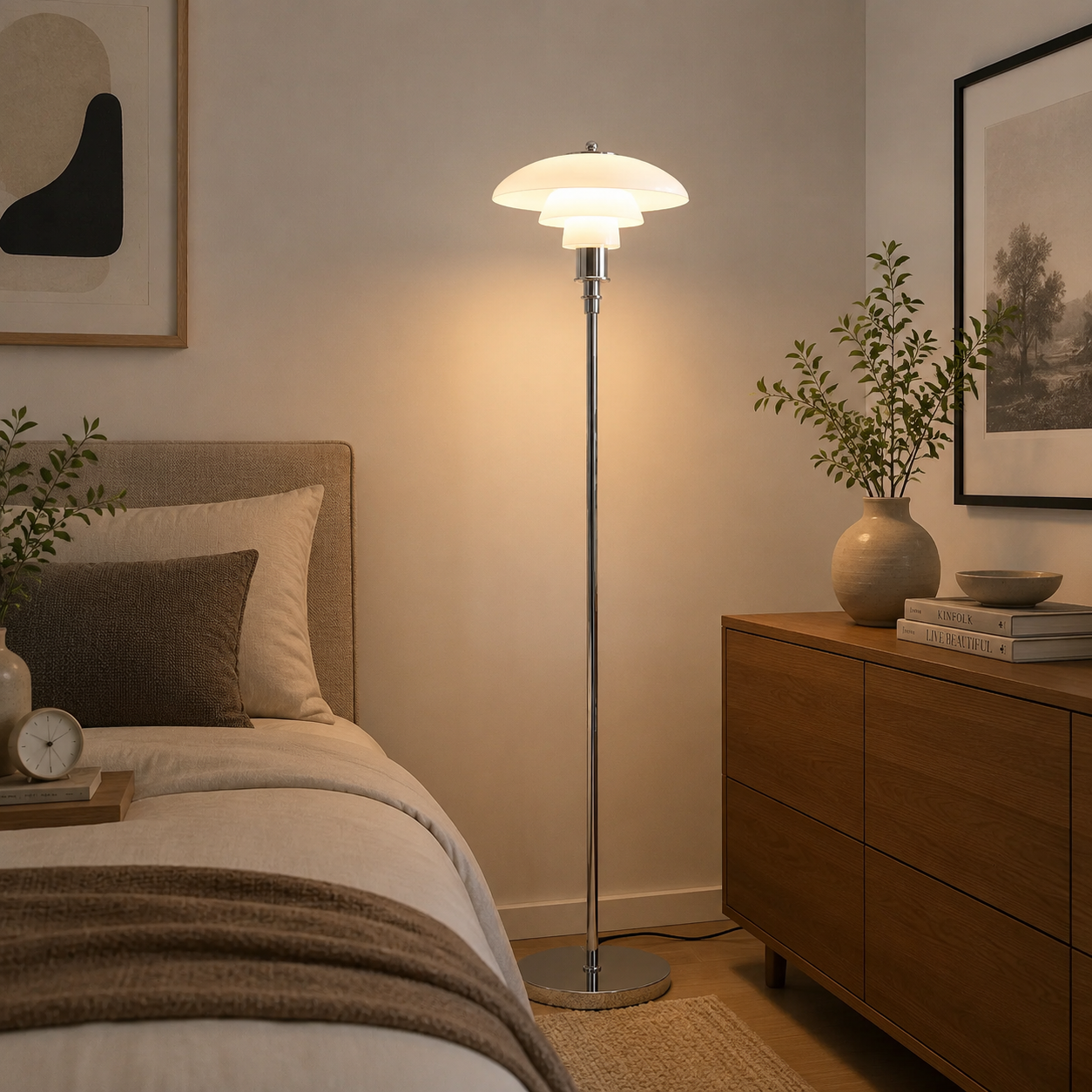 Layered Reflector Floor Lamp in Brushed Gold and White