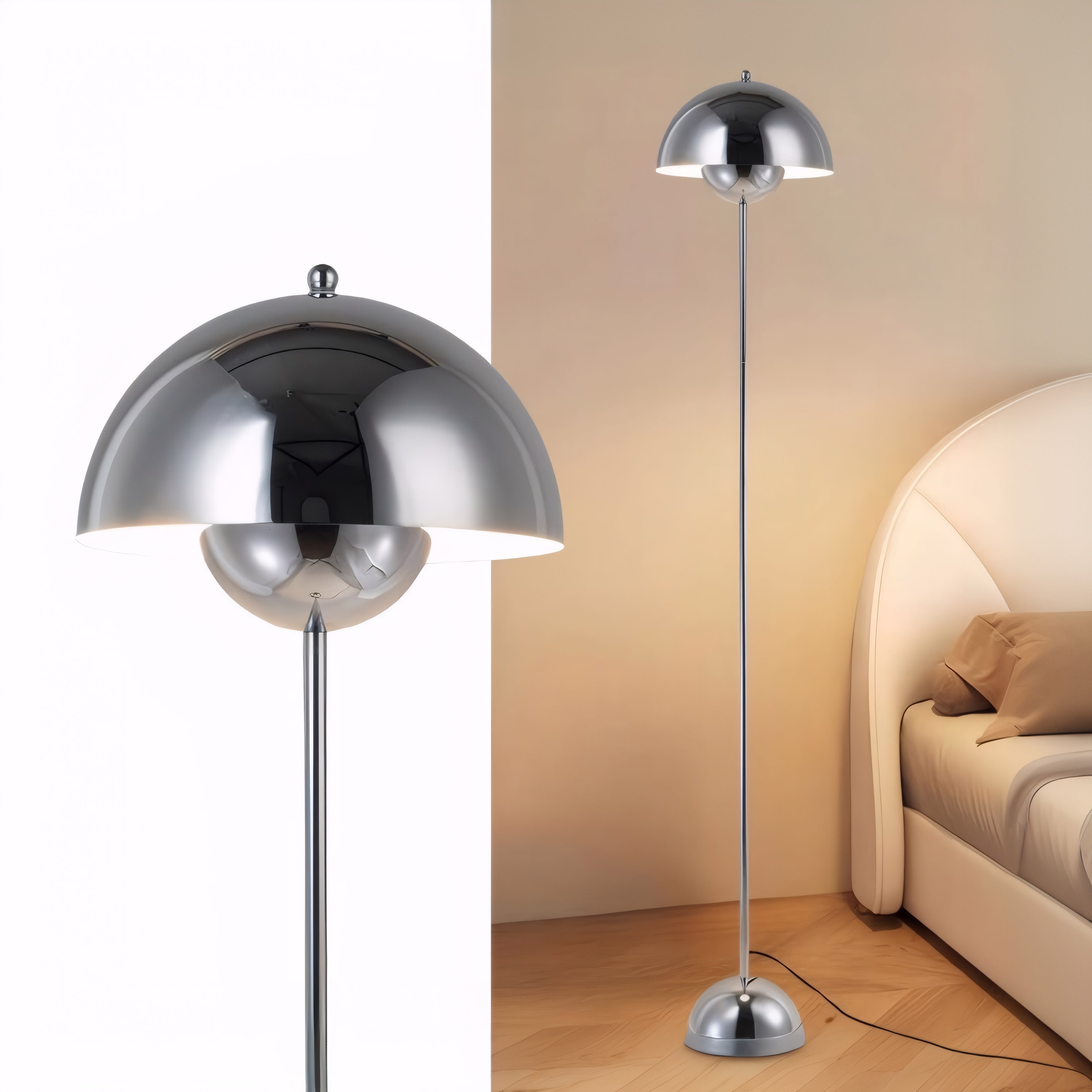 Polished chrome dome reflector floor lamp with slim stem and round base