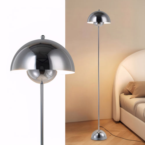 Polished chrome dome reflector floor lamp with slim stem and round base