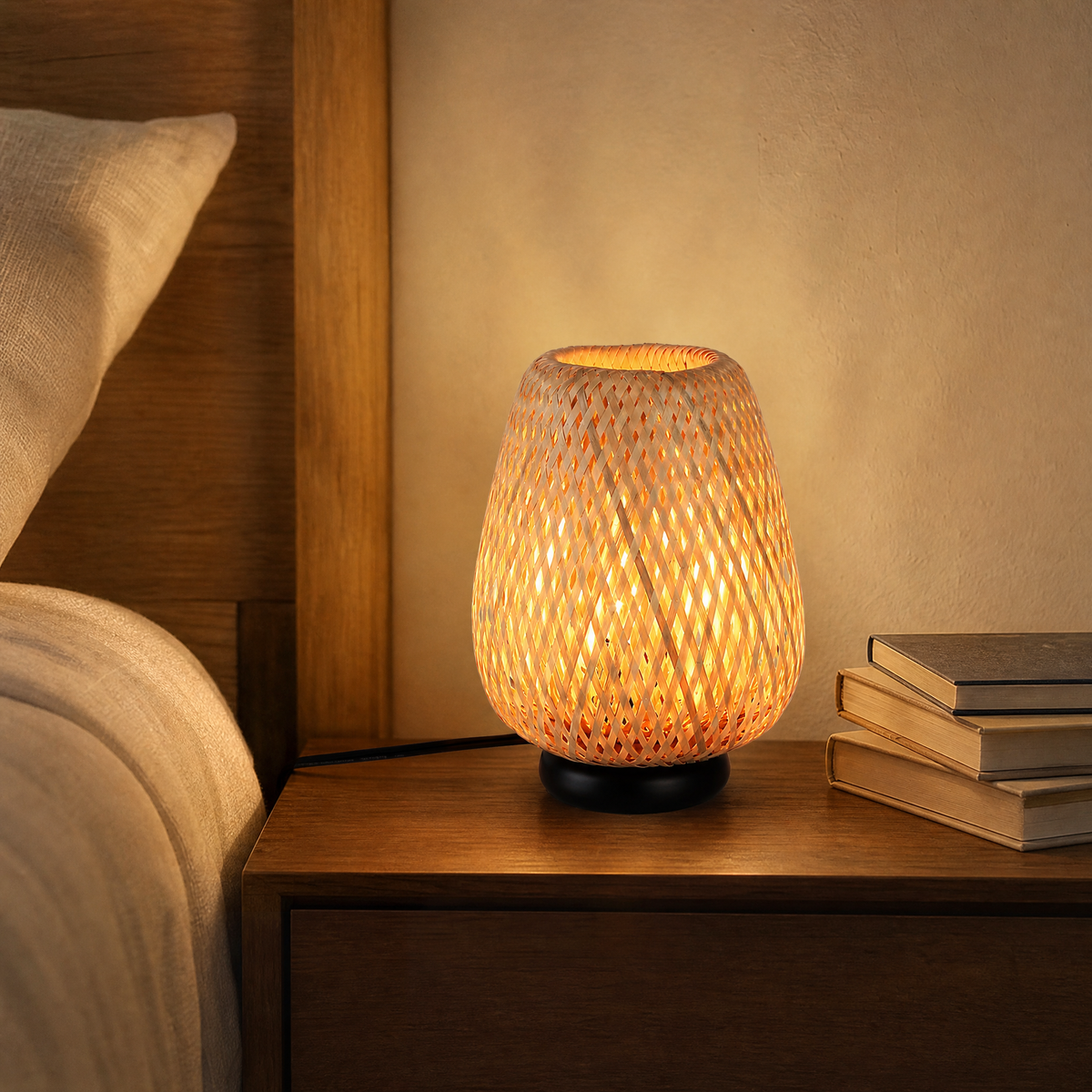 Woven Rattan Table Lamp for Bedroom & Living Room