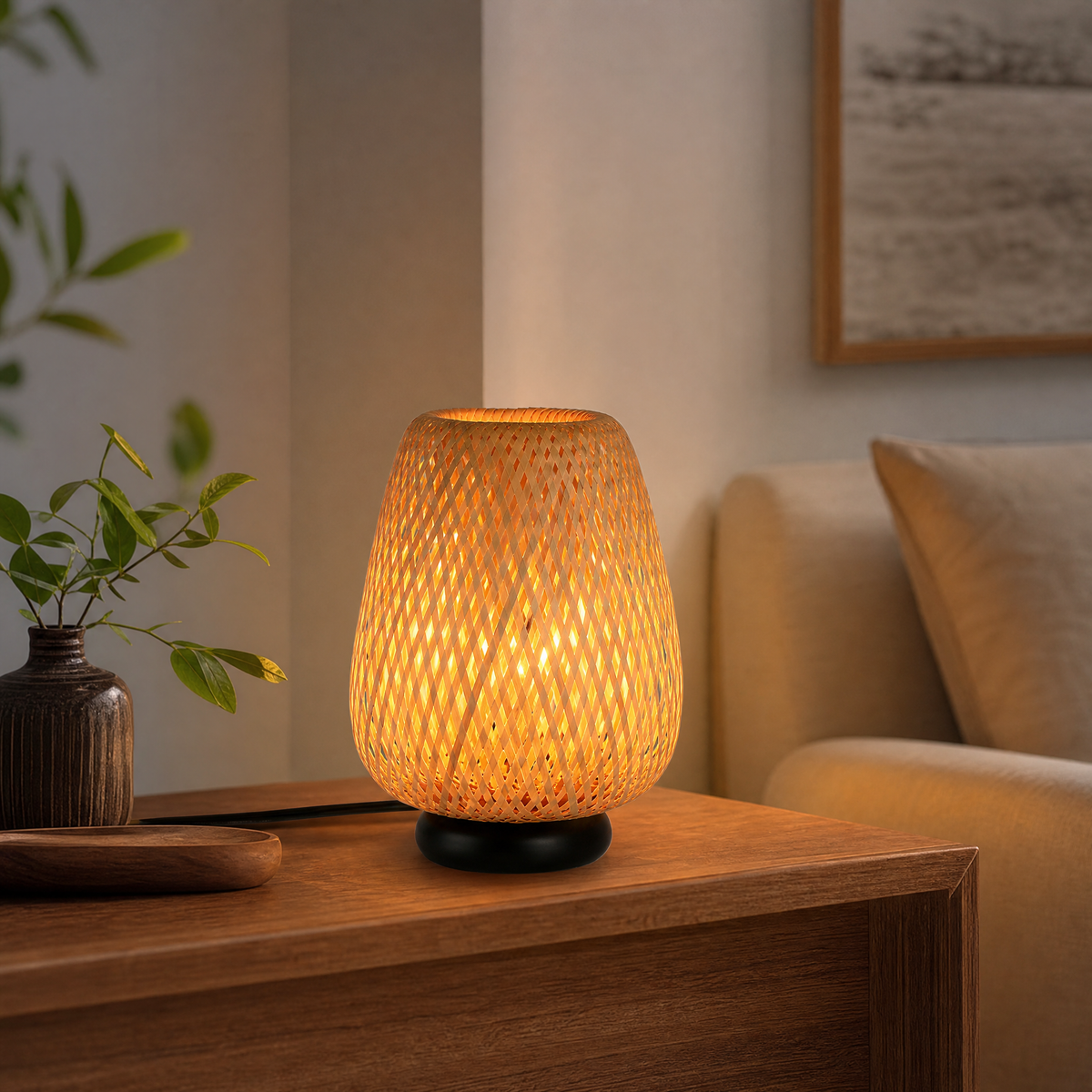 Woven Rattan Table Lamp for Bedroom & Living Room