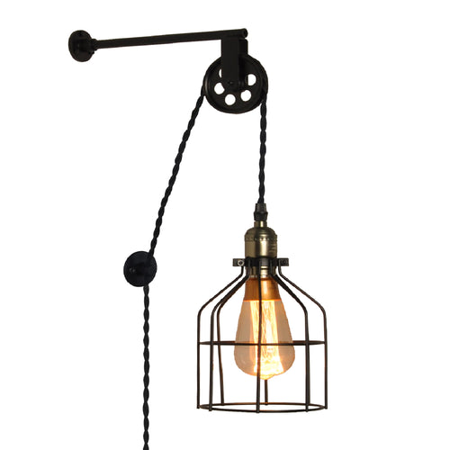 Industrial Sconce Lighting with Adjustable Pulley Cage