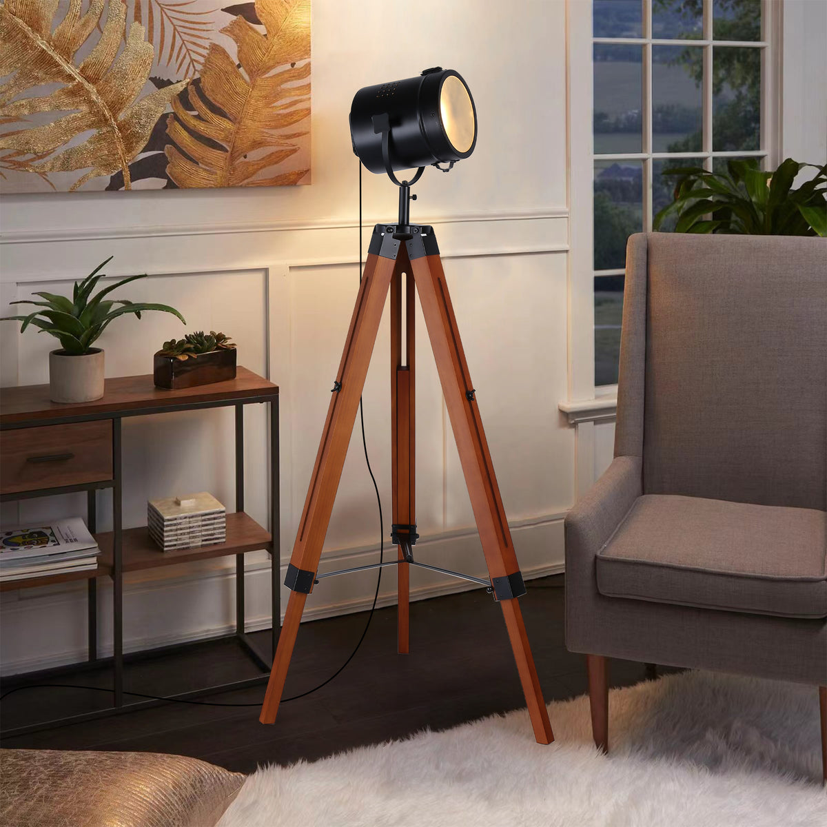 Wood Tripod Floor Lamp with Rotatable Spotlight for Stuido