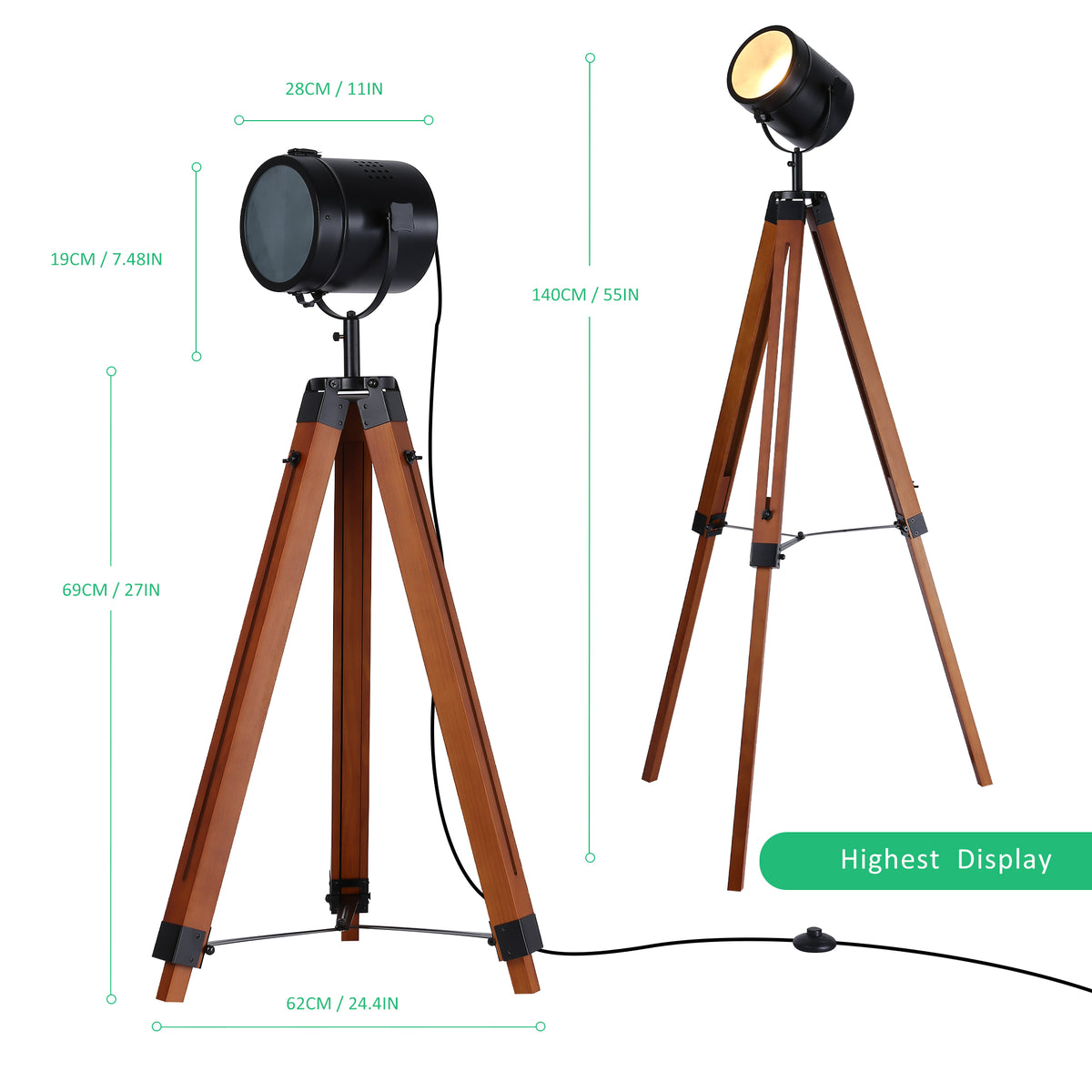 Wood Tripod Floor Lamp with Rotatable Spotlight for Stuido