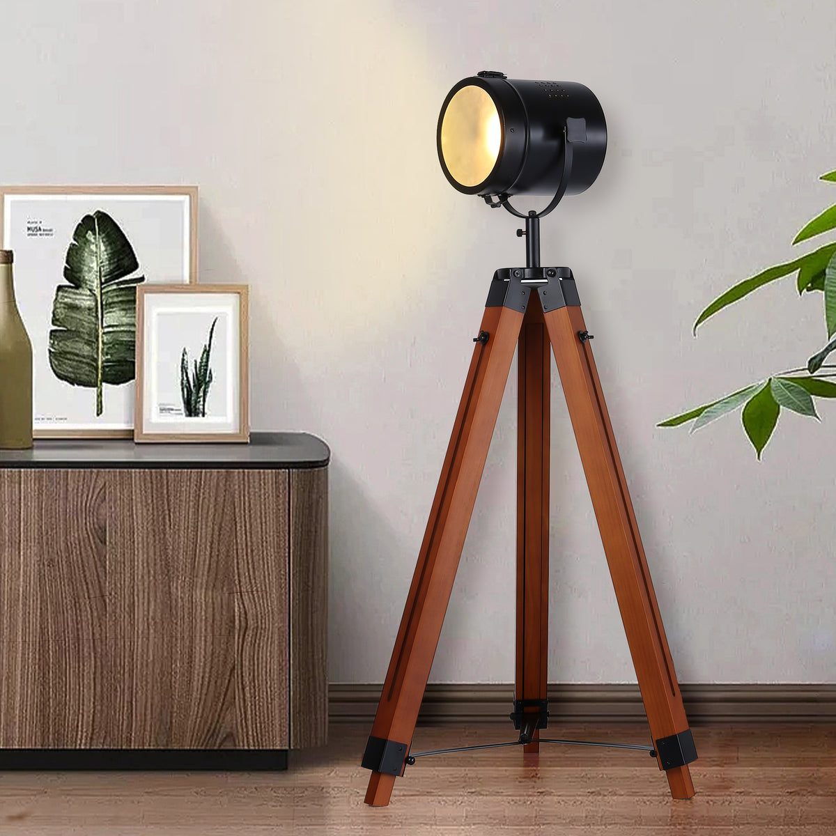 Black wood tripod floor lamp with rotatable round spotlight shade