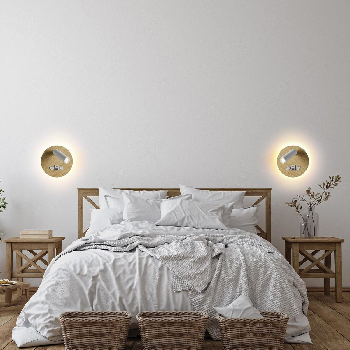 Wood Bedside Reading Sconce with USB and Adjustable Spotlight