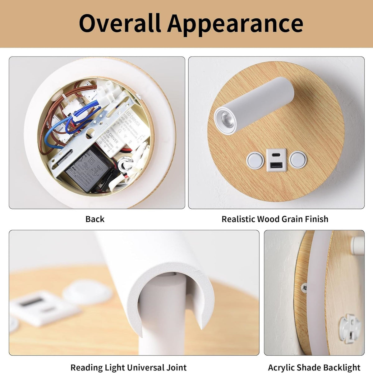 Wood Bedside Reading Sconce with USB and Adjustable Spotlight
