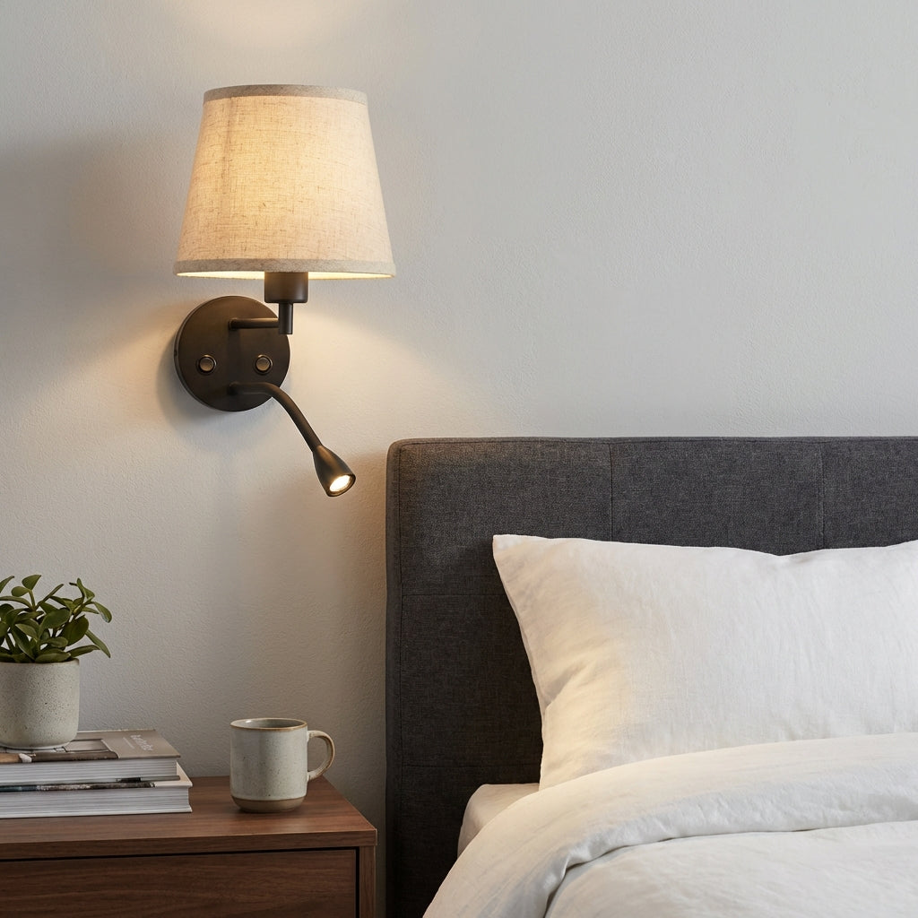Double Wall Sconce with Fabric Shade and Reading Light