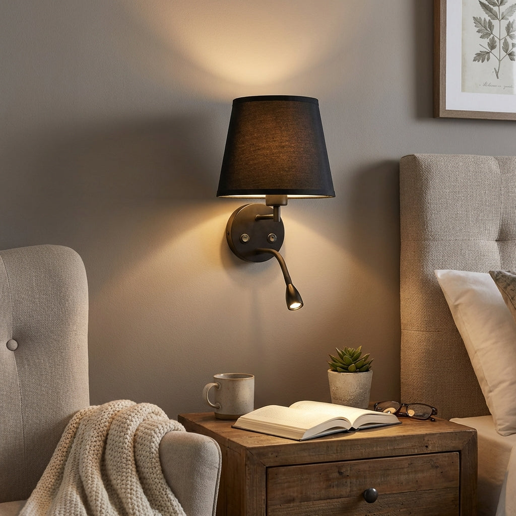 Double Wall Sconce with Fabric Shade and Reading Light