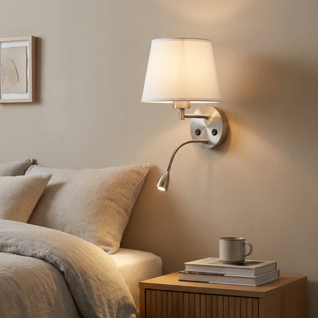 Double Wall Sconce with Fabric Shade and Reading Light