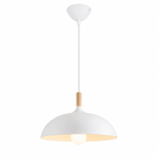 White Metal Dome Pendant Light with Natural Wood Accent