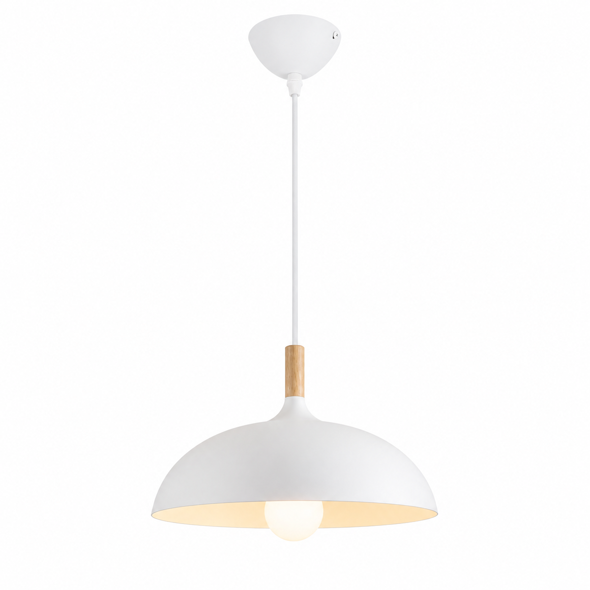 White Metal Dome Pendant Light with Natural Wood Accent