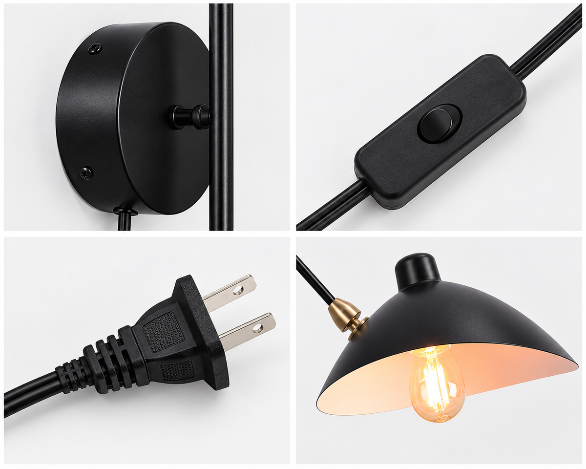 Black Plug-In Double Head Wall Sconce for Reading Nook