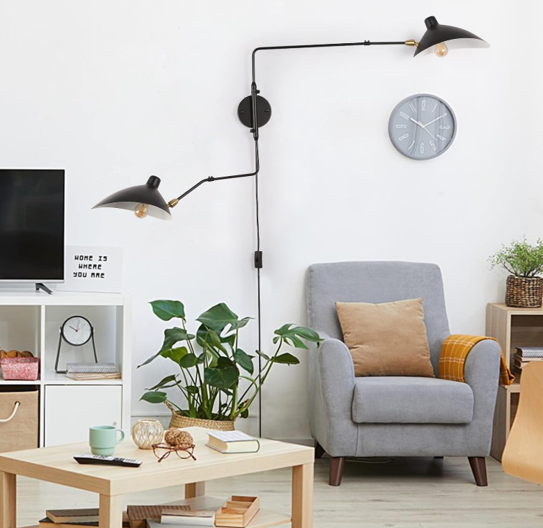 Black Plug-In Double Head Wall Sconce for Reading Nook
