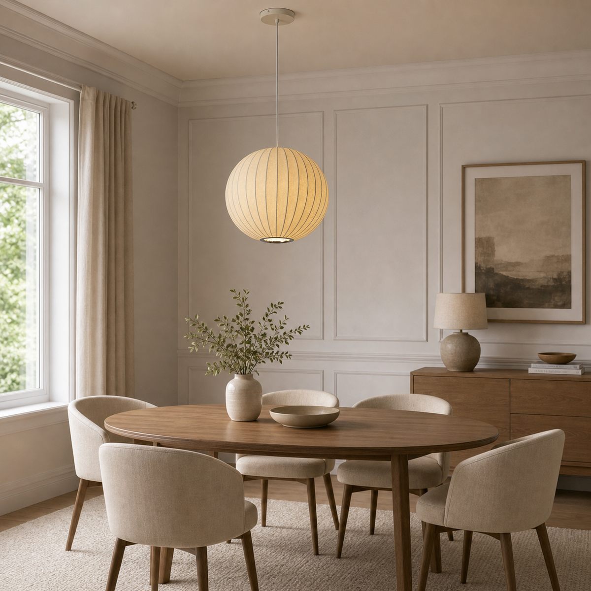 White Globe Fabric Pendant Lamp for Dining Room