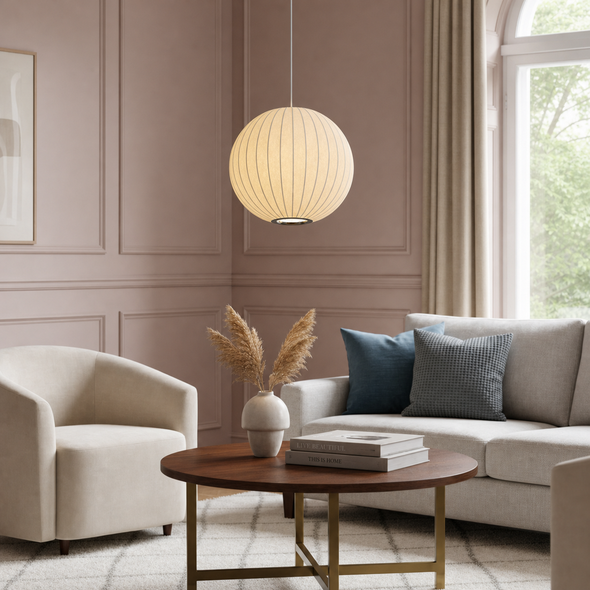 White Globe Fabric Pendant Lamp for Dining Room
