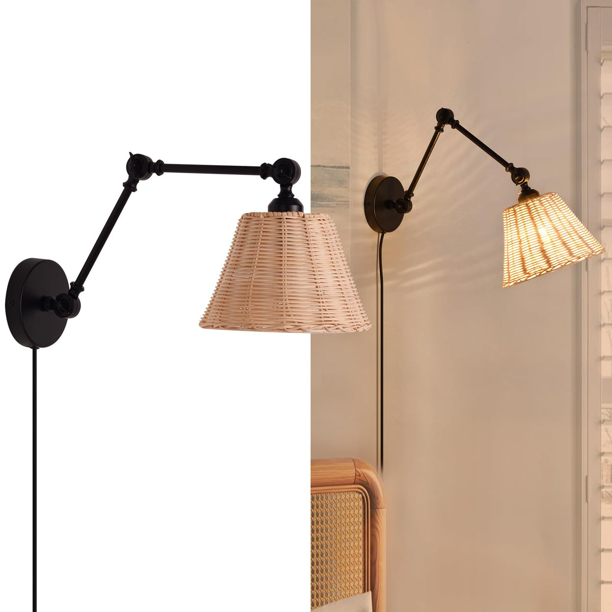 Plug-In Wall Sconce with Adjustable Natural Woven Shade