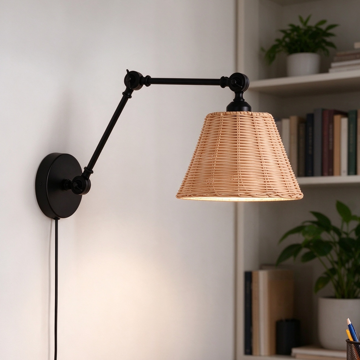 Plug-In Wall Sconce with Adjustable Natural Woven Shade