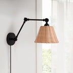 Articulating Wall Light with Woven Rattan Shade