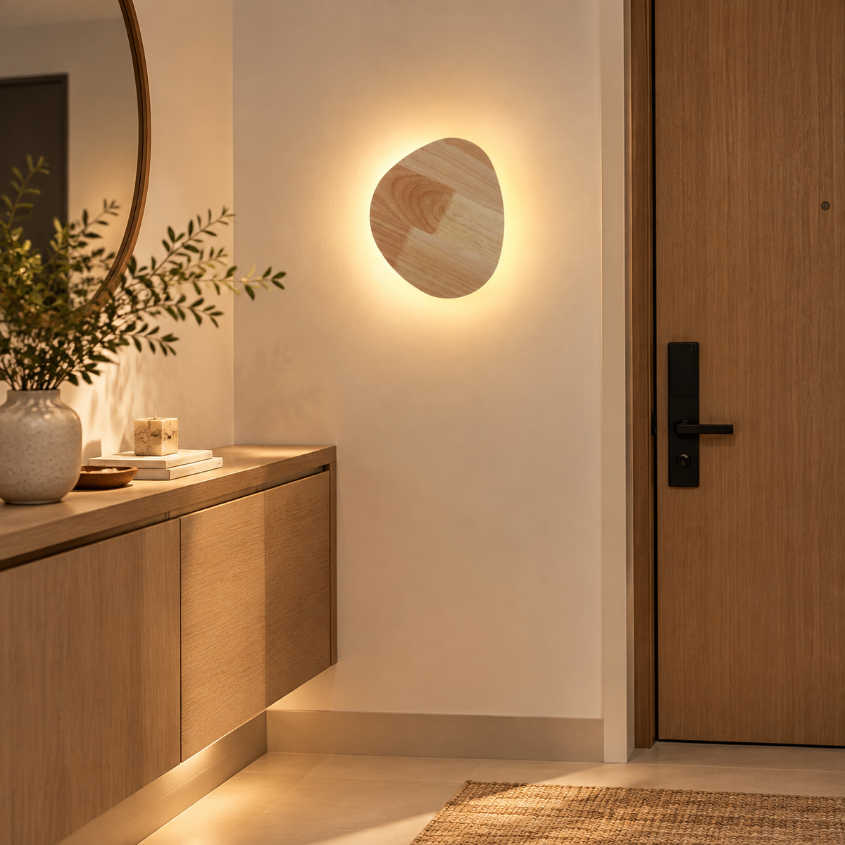 Irregular Wood Wall Sconce with Warm LED Halo Backlight for Bedroom