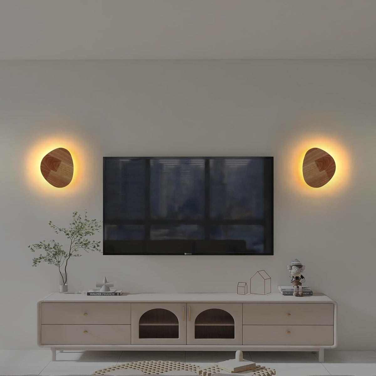 Irregular Wood Wall Sconce with Warm LED Halo Backlight for Bedroom