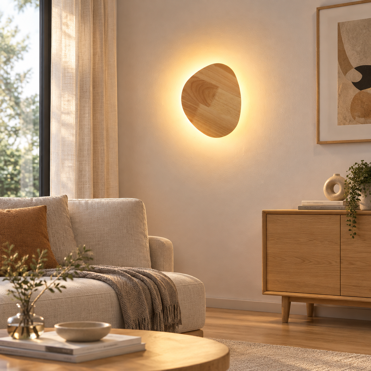 Irregular Wood Wall Sconce with Warm LED Halo Backlight for Bedroom