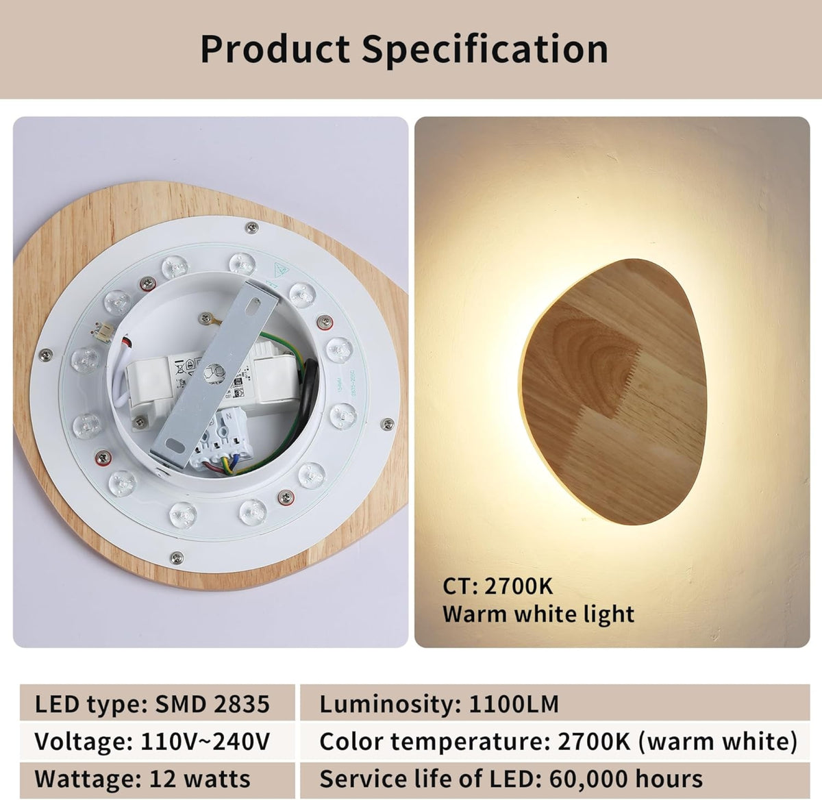 Irregular Wood Wall Sconce with Warm LED Halo Backlight for Bedroom