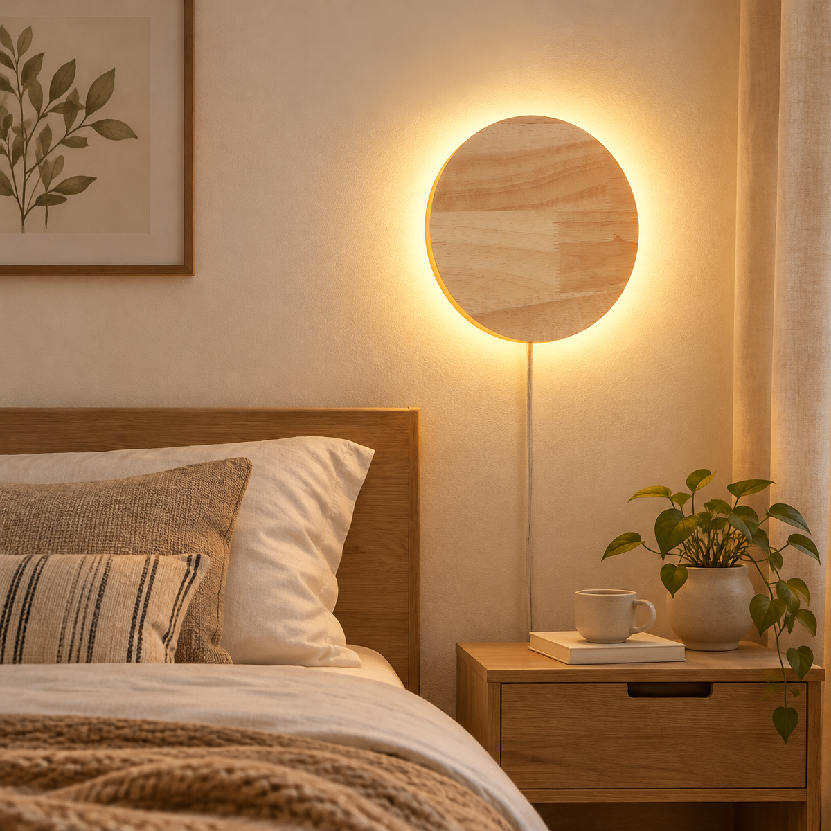 A concealed integrated 12W LED is illustrated at 1300 lm and 2700K, producing a warm ambient halo rather than a direct spotlight. Its simple circular silhouette and visible grain bring a natural, pared-back accent to contemporary and Scandinavian-inspired rooms. 