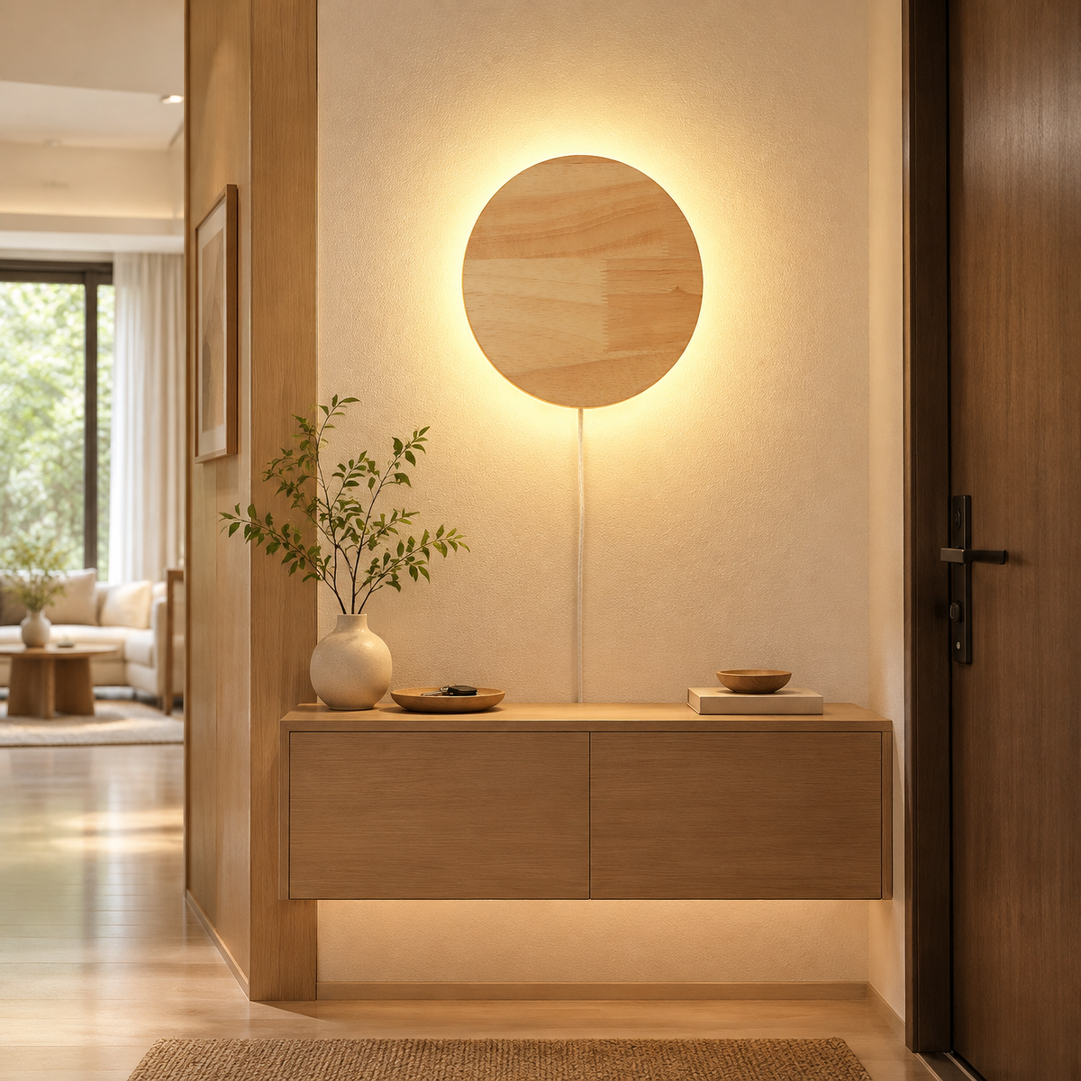 Round Wood Plug-In LED Wall Sconce for Bedroom
