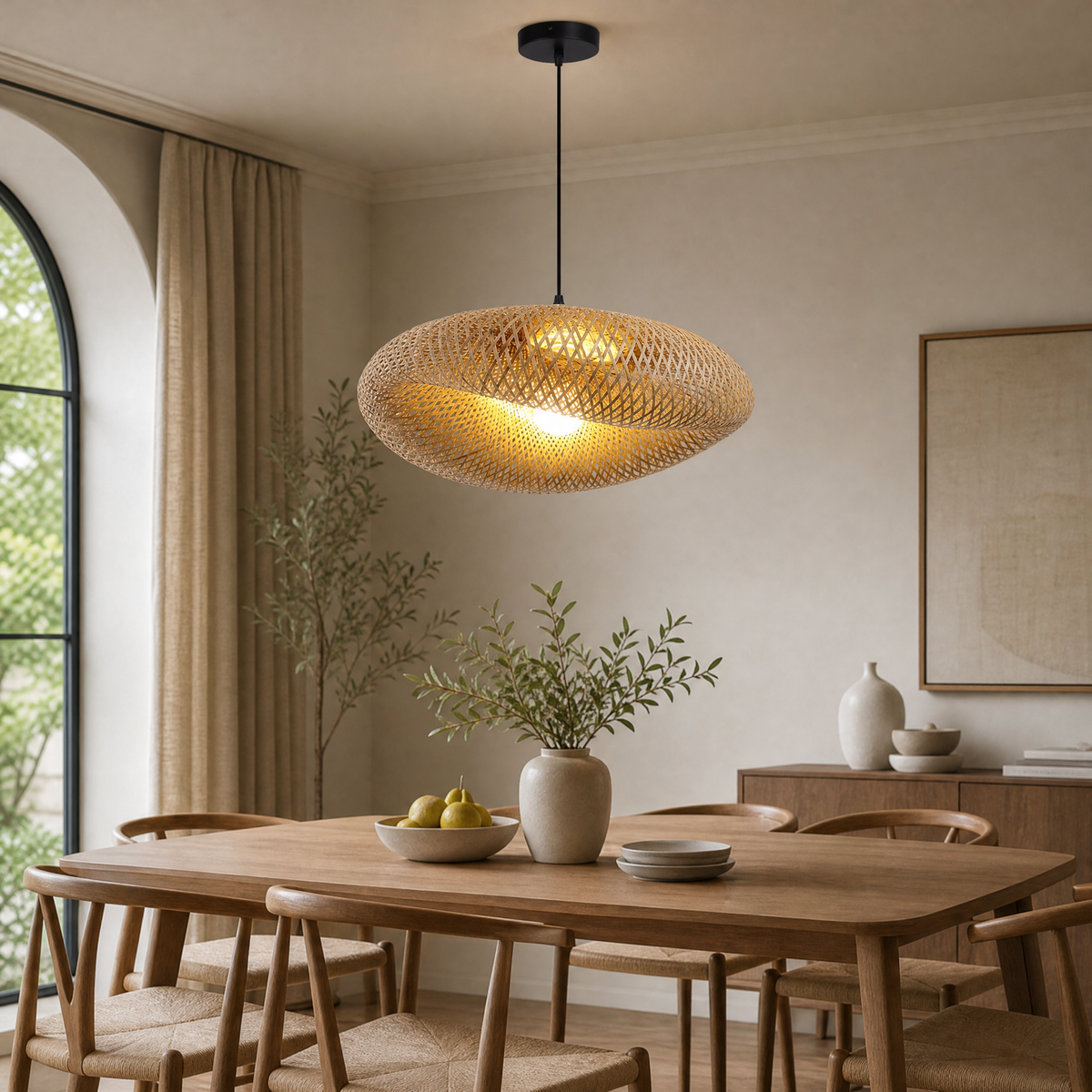 Handwoven Bamboo Hanging Light with Warm Ambient Glow for  boho, coastal, Japandi, farmhouse, and organic modern interiors.