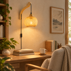 Bamboo Rattan Wall Sconce with Wooden Arm for Bedroom