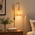 Bamboo Rattan Wall Sconce with Wooden Arm for Bedroom