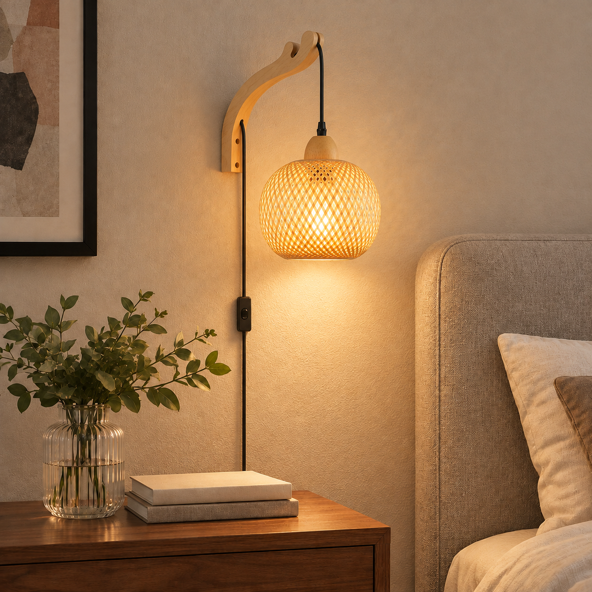 Bamboo Rattan Wall Sconce with Wooden Arm for Bedroom