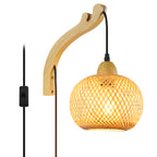 Bamboo Rattan Wall Sconce with Wooden Arm for Bedroom