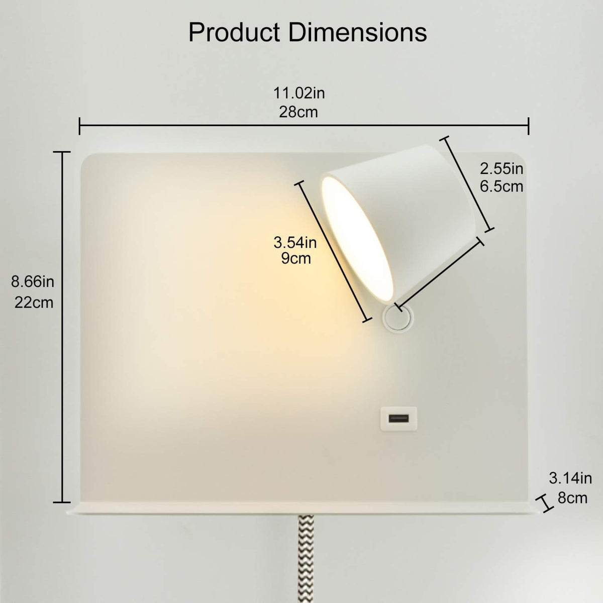 White Articulating Wall Light with Shelf and USB Port for Bedroom
