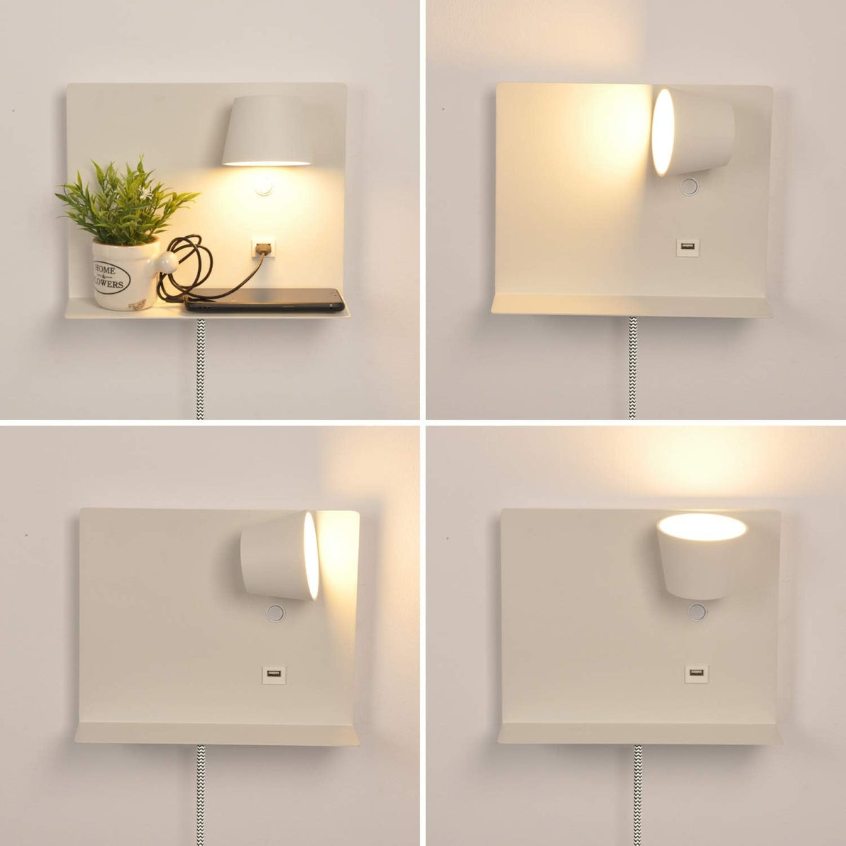 White Articulating Wall Light with Shelf and USB Port for Bedroom