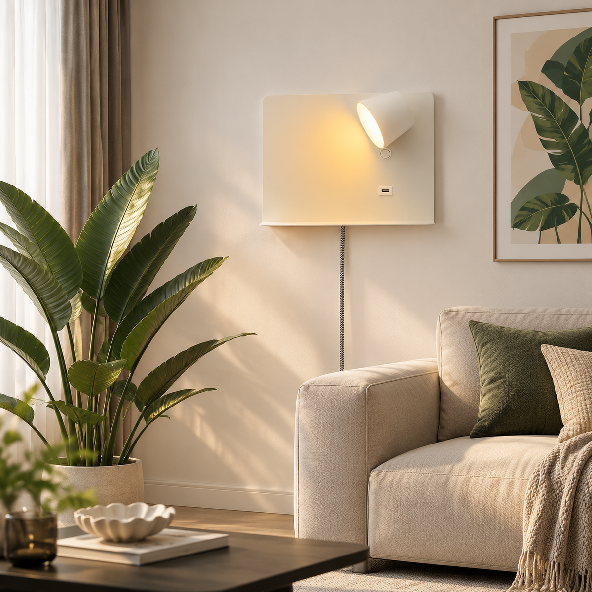 White Articulating Wall Light with Shelf and USB Port for Bedroom