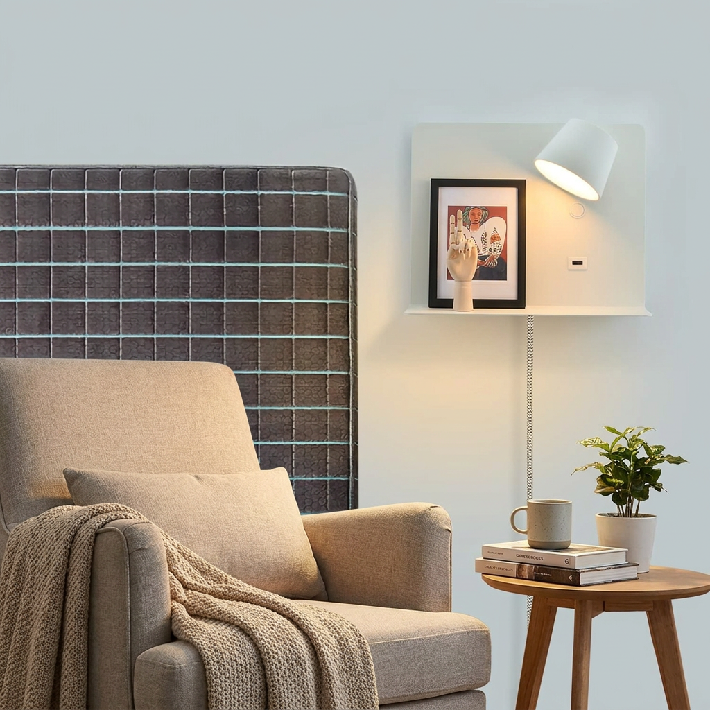 White Articulating Wall Light with Shelf and USB Port for Bedroom