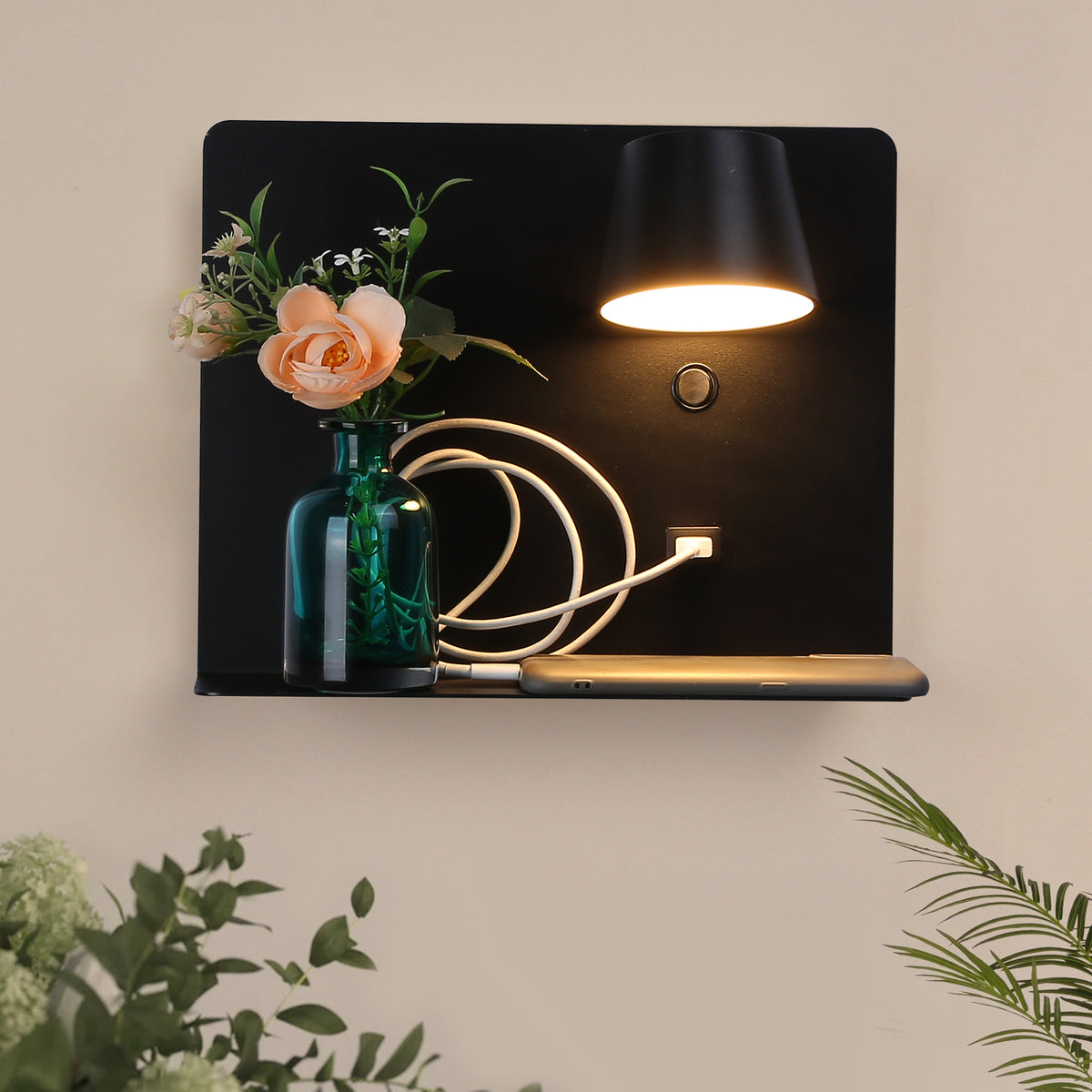 White Articulating Wall Light with Shelf and USB Port for Bedroom