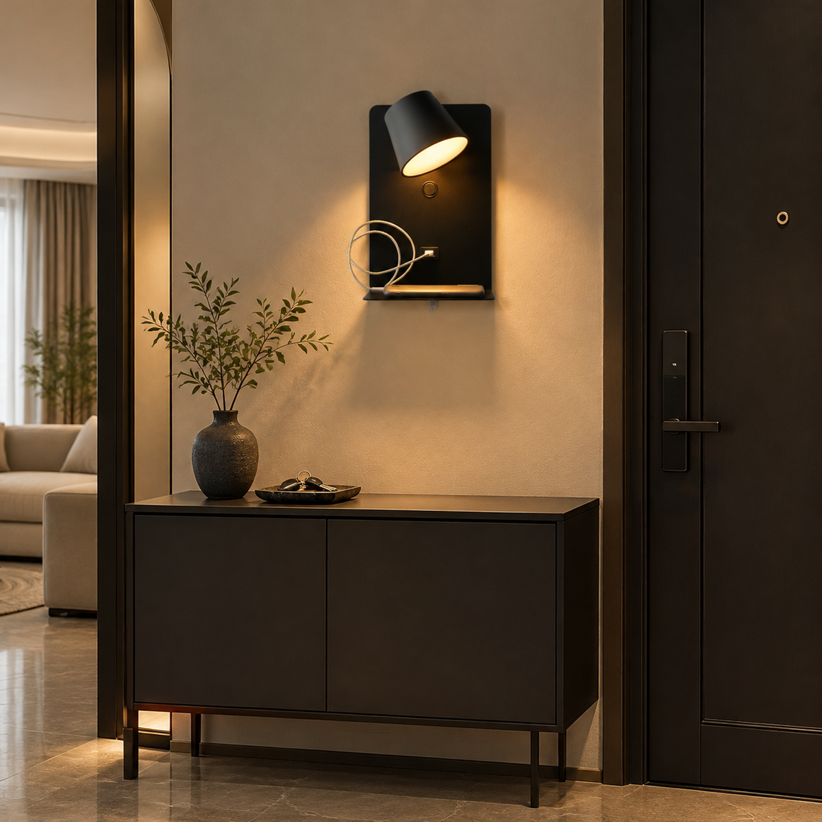 Black Plug-In LED Wall Sconce with Shelf and USB Port for Bedroom