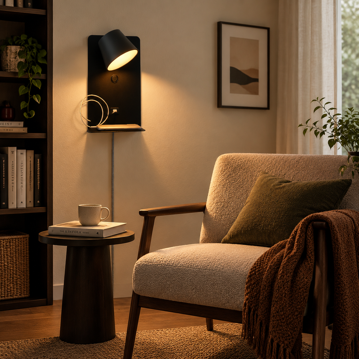 Black Plug-In LED Wall Sconce with Shelf and USB Port for Bedroom