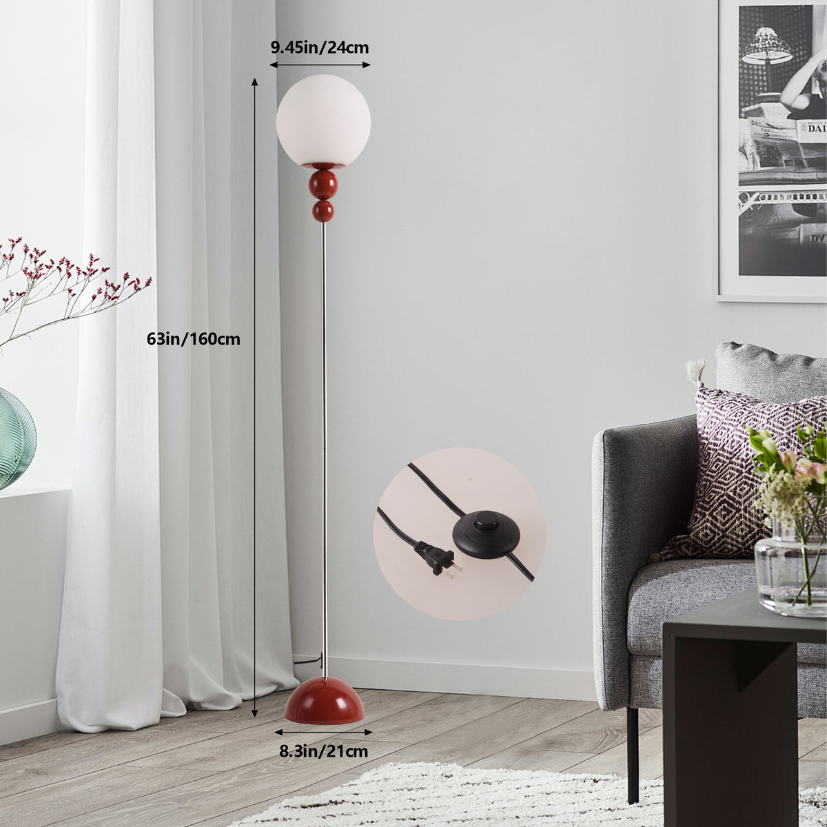 Mid-Century Modern Red Floor Light for Bedroom