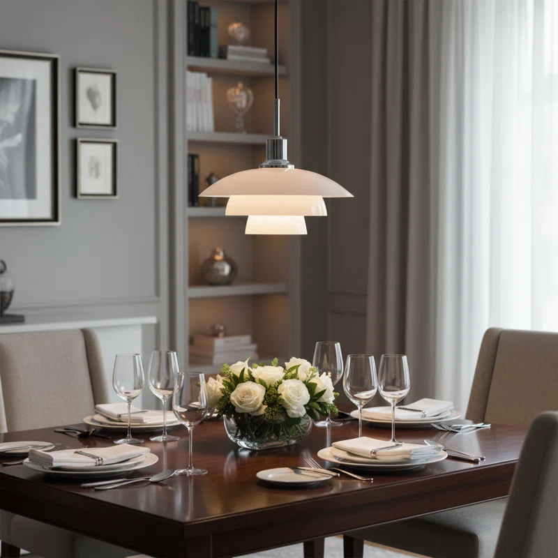 Layered multi-tier pendant light in chrome with warm white shades